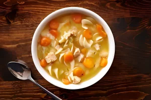 Gluten-free chicken noodle soup in a white bowl with parsley garnish.