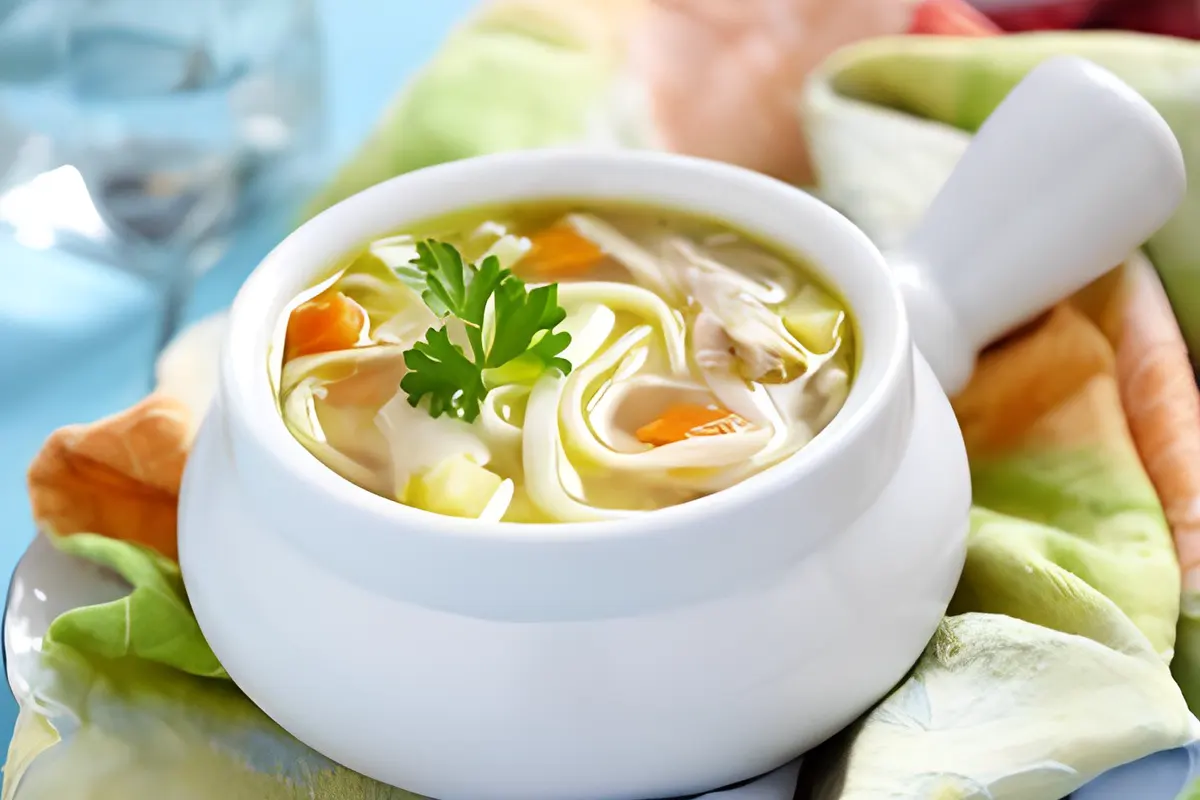 Gluten-free chicken noodle soup in a white bowl with parsley garnish.