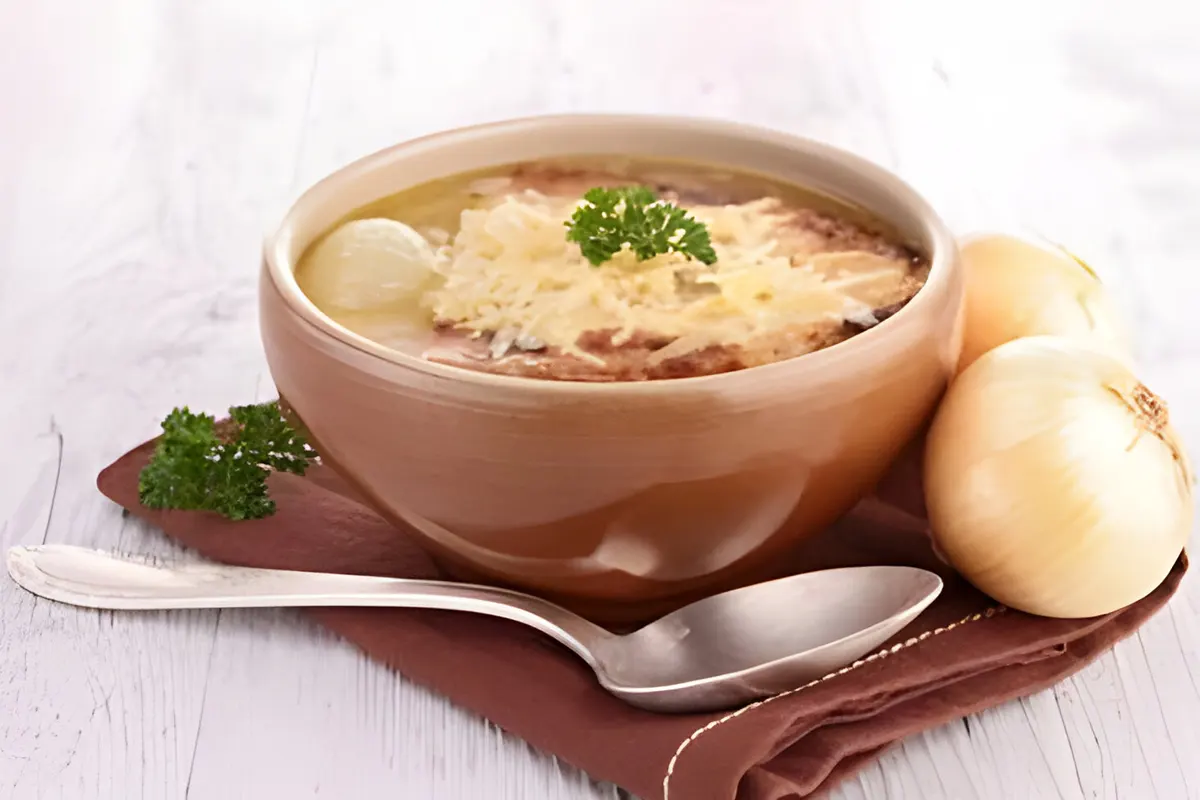 Bowl of steaming French onion soup