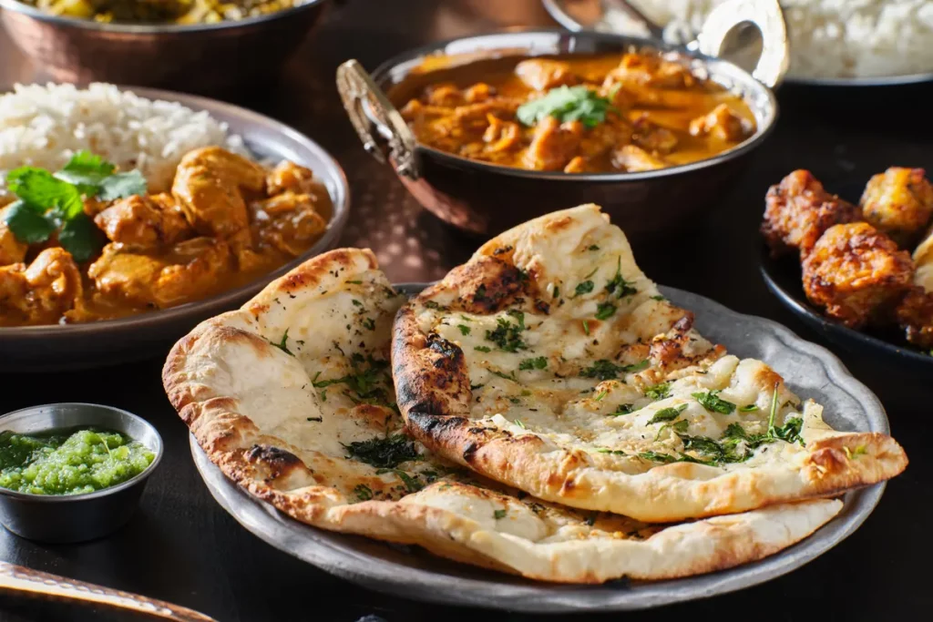 Naan bread topped with flavorful ingredients for a creative pizza twist.