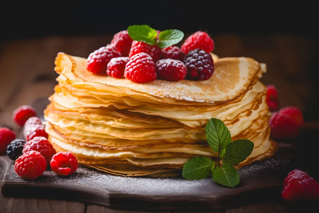 Stack of homemade crepes made with pancake mix on a white plate.