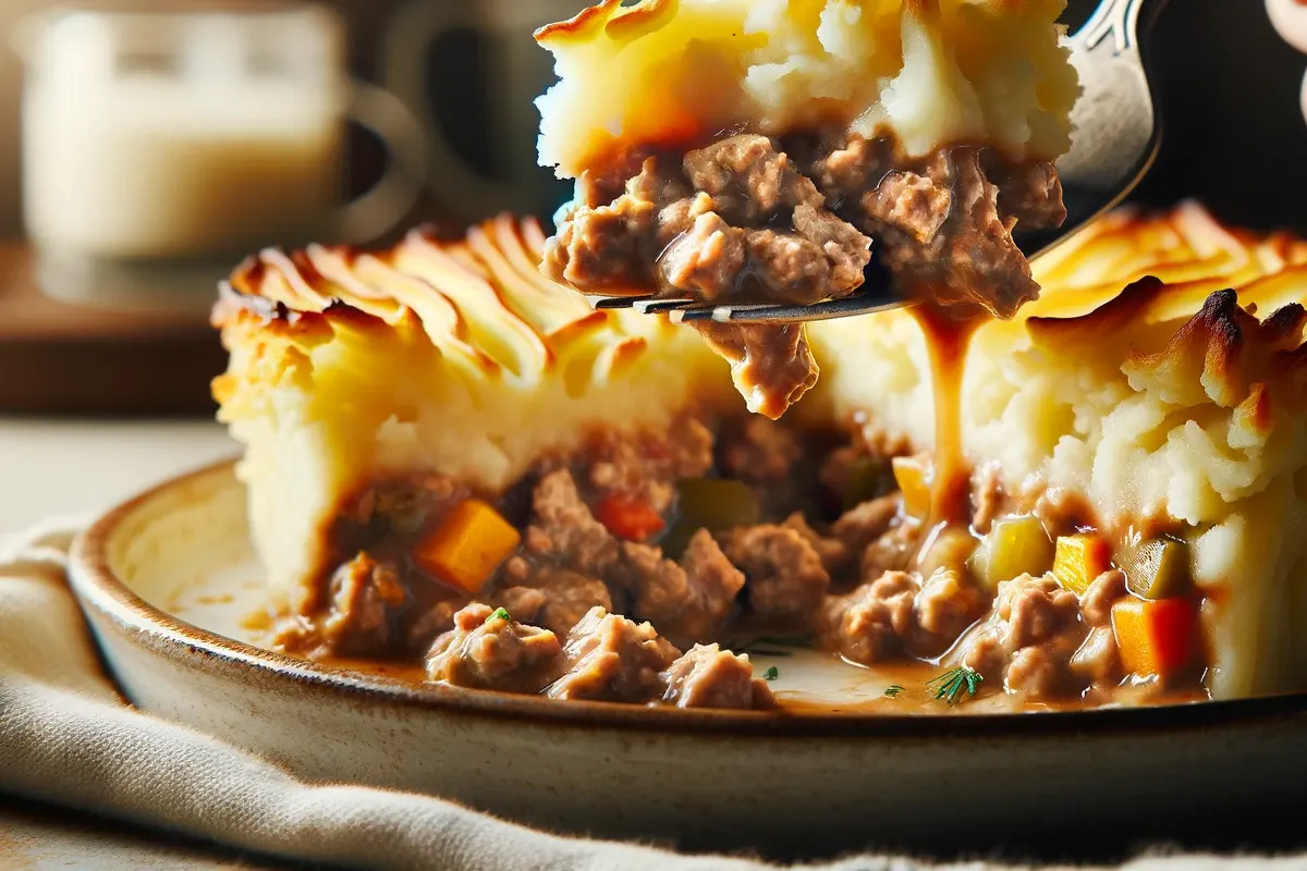 Fork holding a bite of shepherd's pie with visible layers of ground turkey and mashed potatoes.