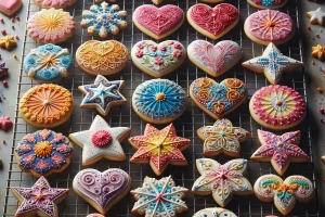 Assorted sugar cookies with colorful royal icing set on a cooling rack