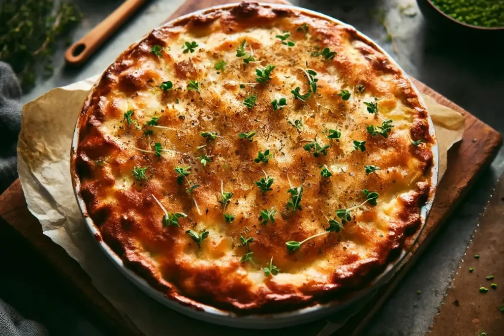 Hands garnishing a Shepherd's Pie with fresh herbs before baking, highlighting the rustic preparation.