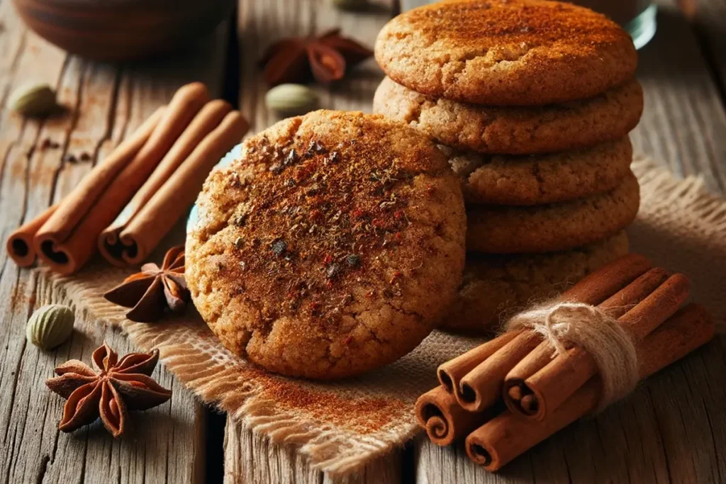 Gluten-free chai-spiced teff cookies arranged artfully, showcasing their even rise and aromatic spices.