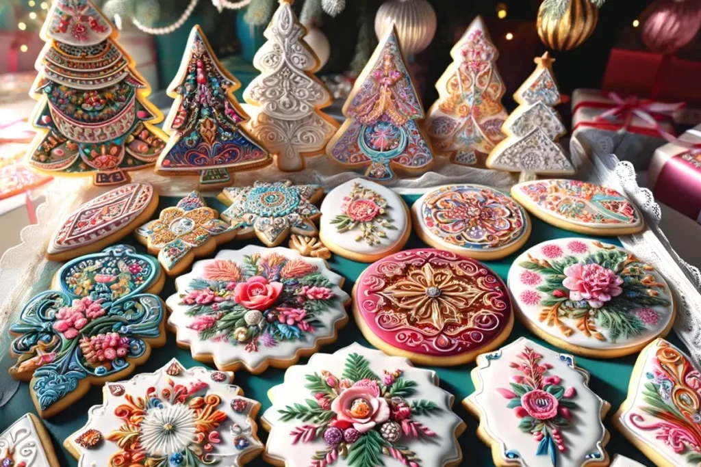 Decorated sugar cookies with intricate icing designs on a festive backdrop