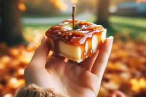 Hand holding a caramel apple slice with autumn leaves in the background.