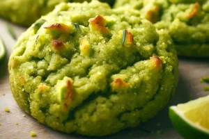 A close-up of risen gluten-free avocado lime cookies, highlighting their unique texture and vibrant green flecks.