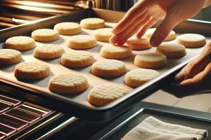 A baker placing a tray of gluten-free shortbread cookies into the oven, anticipating their delightful rise.