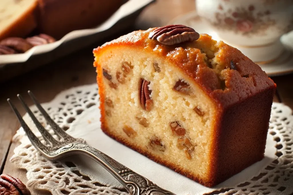 Slicing into a moist Butter Pecan Pound Cake