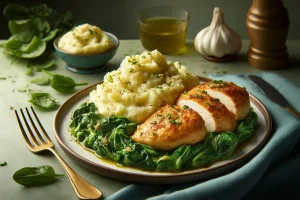 Chicken Florentine served with a side of garlic mashed potatoes.