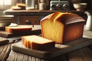 Sliced pound cake on a rustic wooden table, showcasing a moist, golden interior.