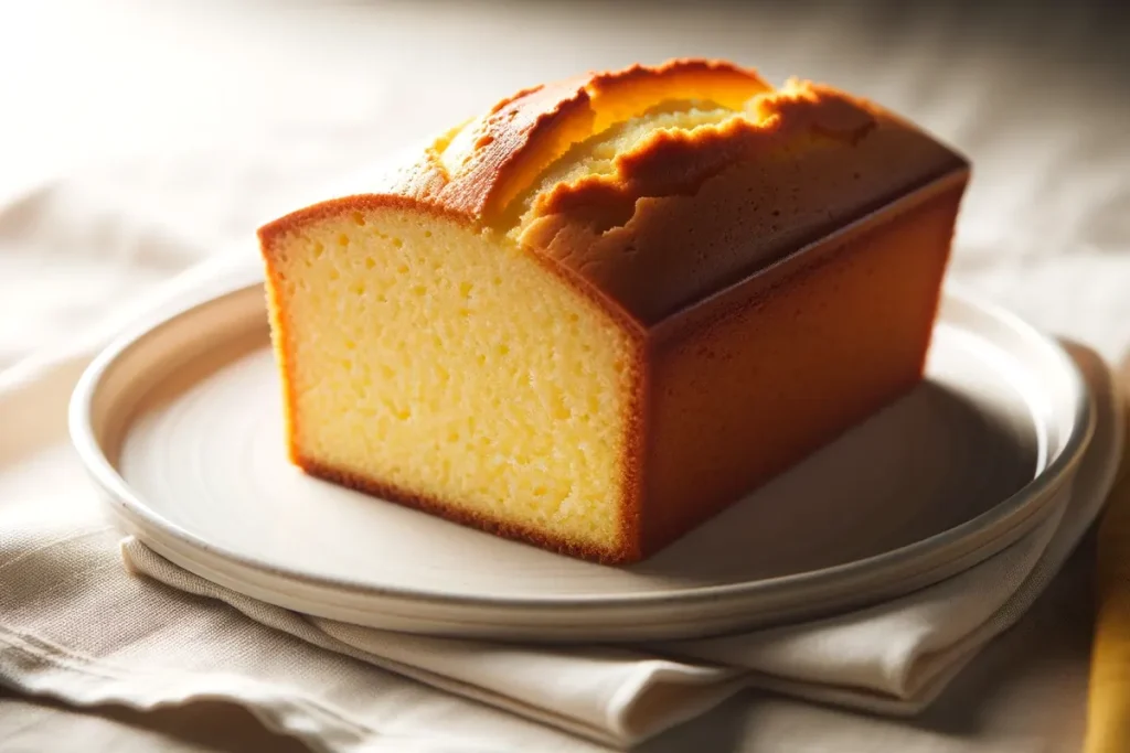 Slice of classic pound cake on a white plate, showcasing a golden crust and tender crumb.