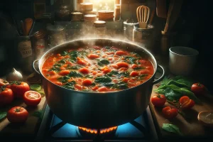 Step-by-step preparation of Tomato Florentine Soup in a cooking pot.