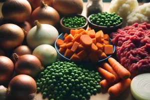 Ingredients for Cottage Pie preparation, including ground beef, onions, carrots, and peas, ready for cooking.