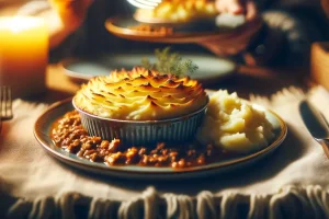 Cozy dinner setting with a serving of shepherd's pie with ground turkey.