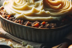 The process of spreading mashed potatoes over the savory meat filling in a Shepherd's Pie preparation.