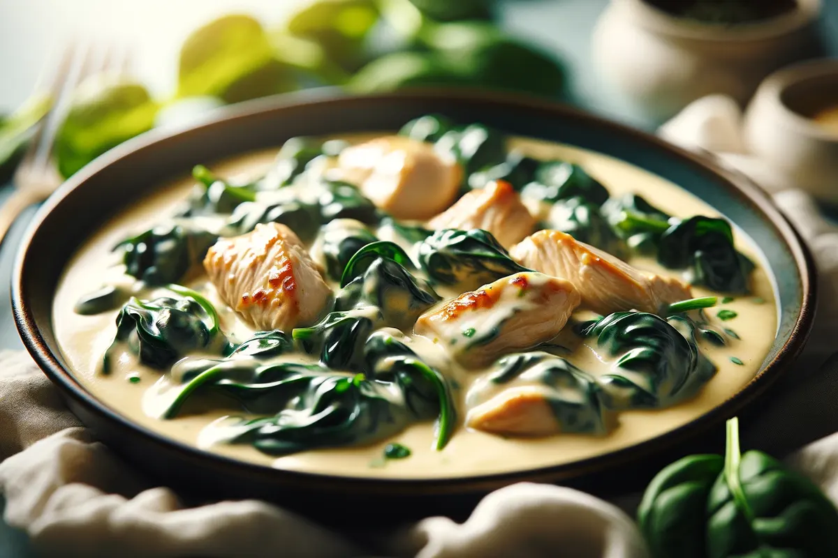 Close-up of creamy Chicken Florentine with vibrant green spinach.