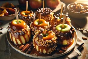 Caramel apple slices adorned with nuts and chocolate chips, displayed on a plate.