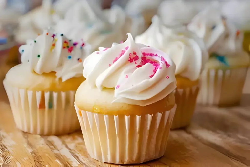 Decorated mini cupcakes with frosting and sprinkles