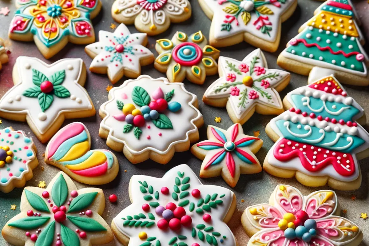 Assorted shapes of gluten-free sugar cookies decorated with colorful icing, ready for a festive occasion.