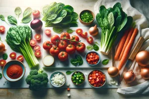 Ingredients for Tomato Florentine Soup, including fresh tomatoes and spinach.