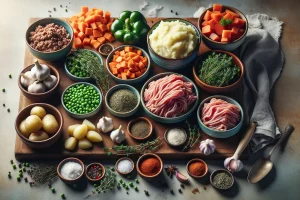 Fresh ingredients for shepherd's pie with ground turkey on a wooden counter.