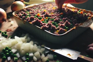 Step-by-step preparation of traditional Shepherd's Pie, from the meat layer to the potato topping.