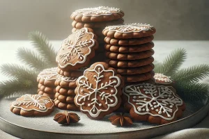 Stack of gluten-free gingerbread cookies with white icing on a modern serving tray.