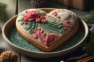 Festive heart-shaped gluten-free cookie with colorful icing and seasonal decorations.