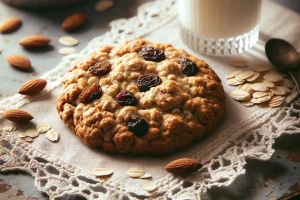 Thick gluten-free oatmeal raisin cookie with a glass of almond milk on lace tablecloth.