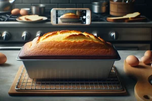 Traditional pound cake in a loaf pan, fresh out of the oven with a golden-brown top.