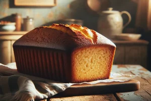 Homemade pound cake on a rustic wooden table, showcasing a golden crust and moist interior.