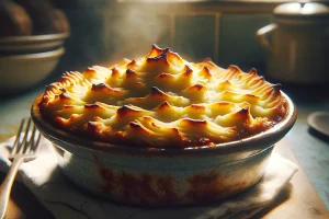 A close-up view of a freshly baked Shepherd's Pie in a ceramic dish, showcasing the golden potato crust.