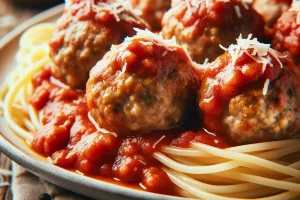 Homemade ground turkey meatballs in marinara sauce, served over spaghetti