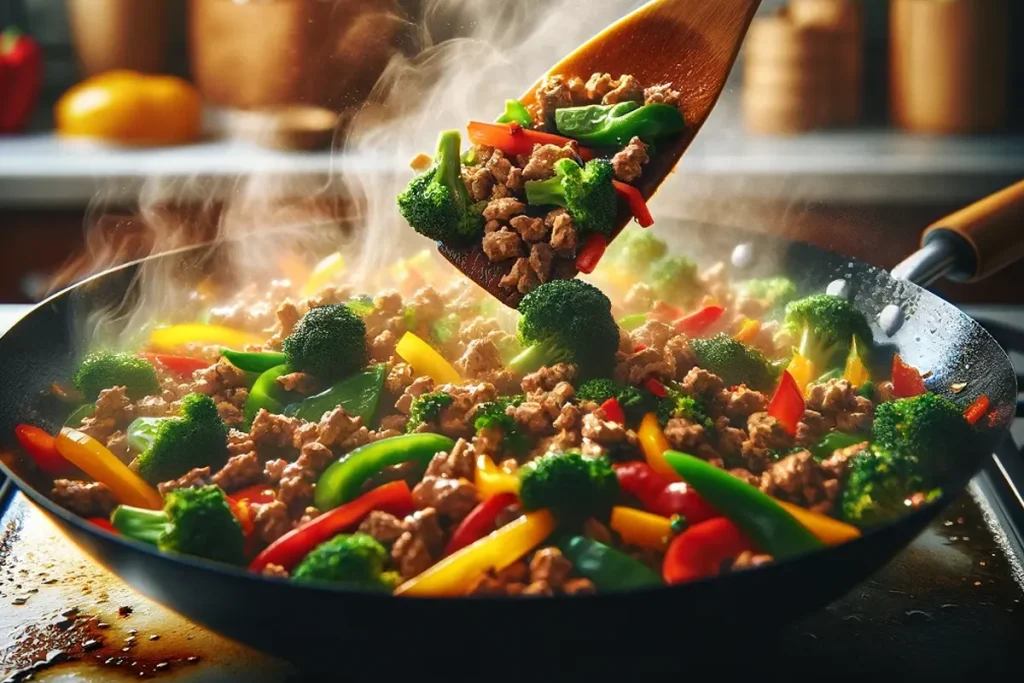 Sizzling ground turkey stir-fry with colorful bell peppers and broccoli