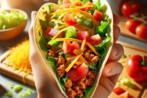 Healthy ground turkey taco with vibrant vegetables and cheese