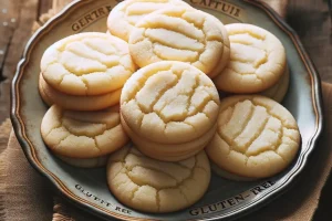 Freshly baked gluten-free sugar cookies displayed on a vintage plate, inviting a taste.