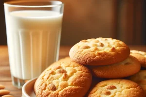 Homemade cakey gluten-free cookies with a glass of milk