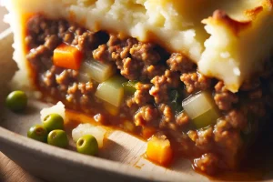 Close-up of a slice of Cottage Pie, showcasing the layers of meat, vegetables, and golden mashed potatoes.