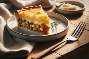 A slice of Shepherd's Pie on a plate, revealing the layers of meat, vegetables, and mashed potatoes.