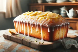 Homemade lemon pound cake with a light glaze, served on a rustic wooden board.