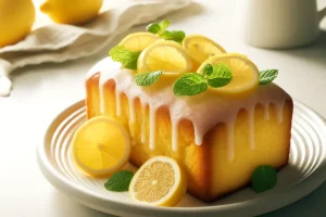 Close-up of a lemon-glazed pound cake with a zesty topping, ready to be served.