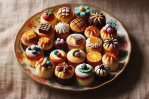 Assorted mini pound cakes with various flavors and toppings, arranged on a decorative platter.