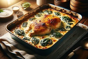 Baked Chicken Florentine in a creamy sauce, ready to be served.