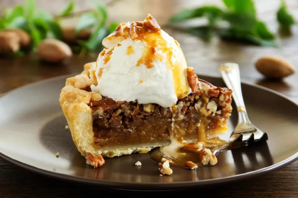 Whole pecan pie on a rustic wooden table, ready to be served