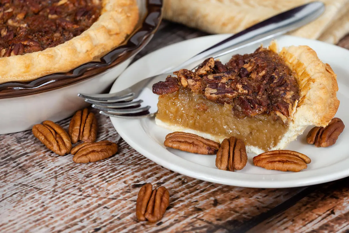 Baked pecan pie with a golden crust