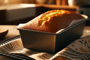 Freshly baked pound cake in a loaf pan, ready to be served.