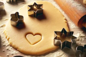 Close-up of a gluten-free sugar cookie dough rolled out on a floured surface, with cookie cutters nearby.