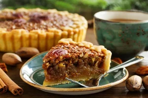 Sliced pecan pie revealing the rich, syrupy filling and crunchy nuts